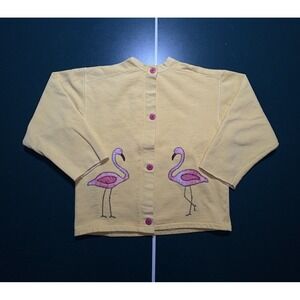 Vintage Flamingo Cardigan Sweater Women's Small Yellow Pink Buttons‎ Embroidered